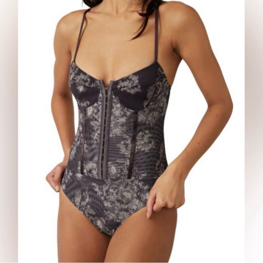 Free People Charcoal Floral Bustier Bodysuit
